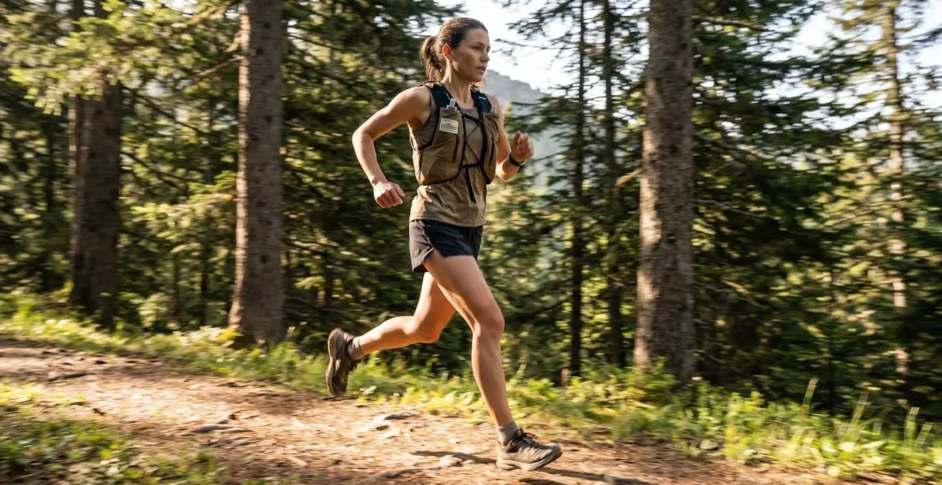 Coureur en action sur sentier forestier, jambe droite en phase d'appui, démonstrant la mécanique articulaire naturelle lors de la course