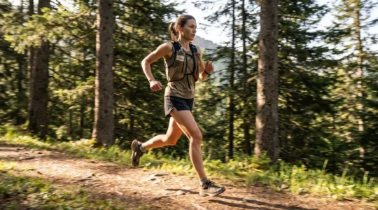Coureur en action sur sentier forestier, jambe droite en phase d'appui, démonstrant la mécanique articulaire naturelle lors de la course