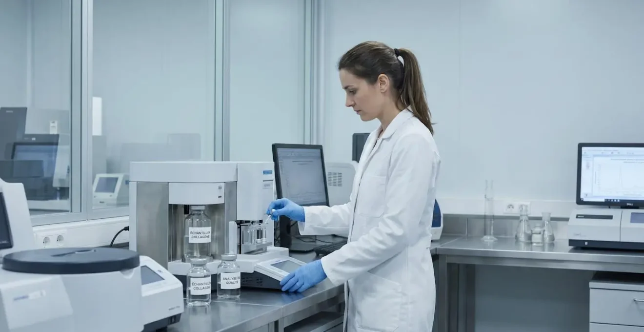 Technicien de laboratoire analysant des échantillons de compléments collagène dans un environnement de recherche moderne